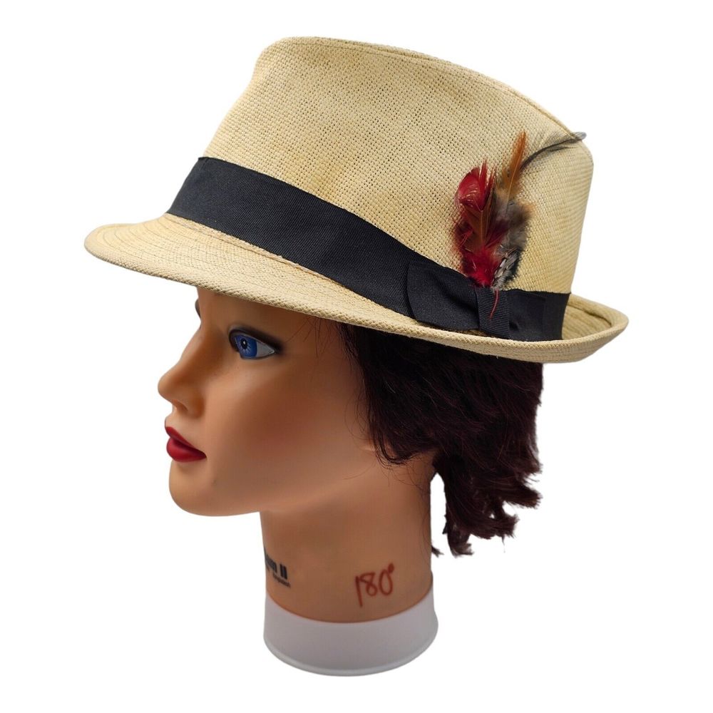Black Ribbon‎ Feather Straw Hat Fedora Men's Size 6